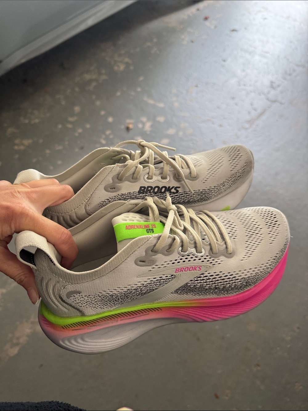 Brooks Adrenaline GTS Neutral Gray with Pink and Lime Accent Running Shoes